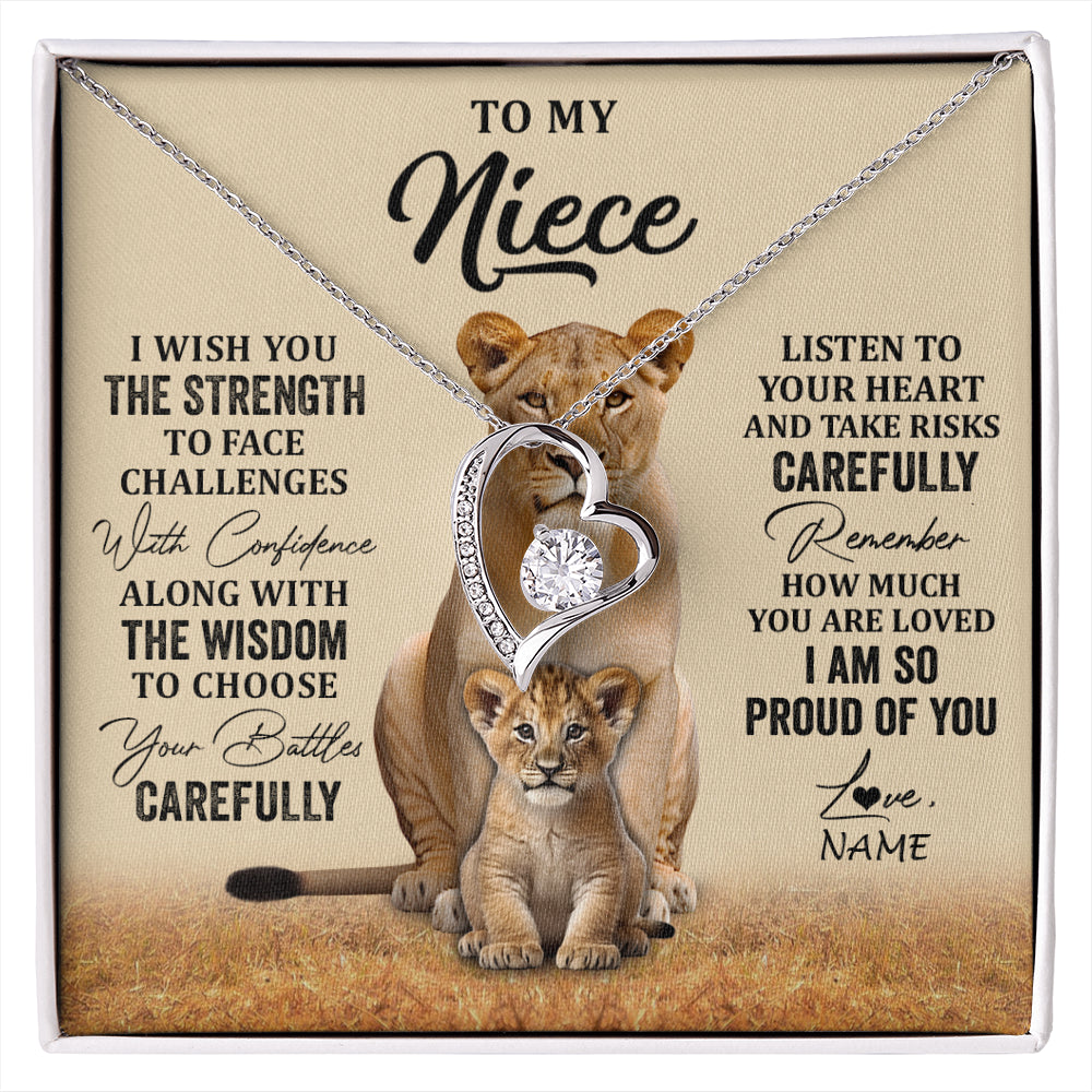 Forever Love Necklace 14K White Gold Finish | 1 | Personalized To My Niece Necklace From Aunt Uncle I Wish You The Strength Lion Niece Birthday Jewelry Graduation Christmas Customized Gift Box Message Card | siriusteestore