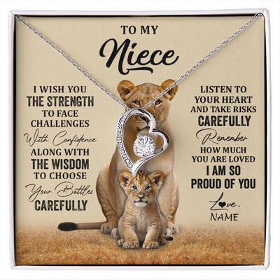 Forever Love Necklace 14K White Gold Finish | 1 | Personalized To My Niece Necklace From Aunt Uncle I Wish You The Strength Lion Niece Birthday Jewelry Graduation Christmas Customized Gift Box Message Card | siriusteestore