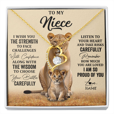 Forever Love Necklace 18K Yellow Gold Finish | 1 | Personalized To My Niece Necklace From Aunt Uncle I Wish You The Strength Lion Niece Birthday Jewelry Graduation Christmas Customized Gift Box Message Card | siriusteestore