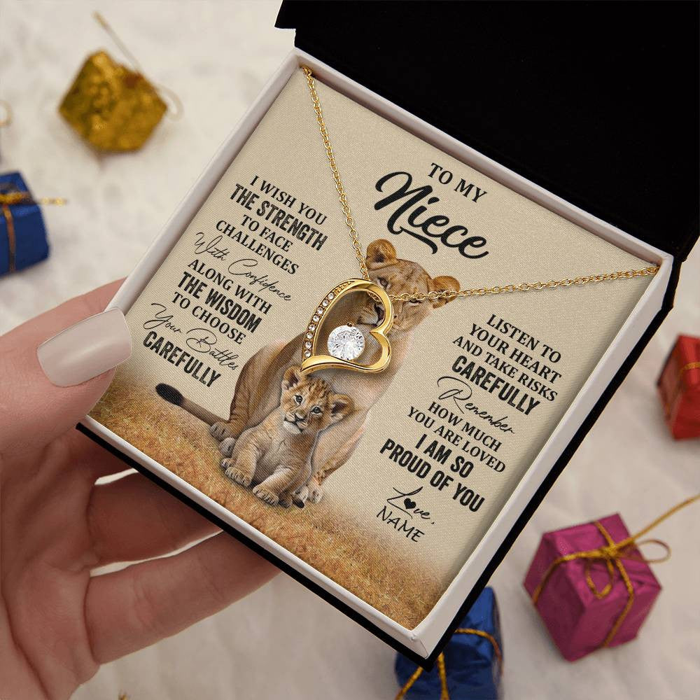 Forever Love Necklace 18K Yellow Gold Finish | 2 | Personalized To My Niece Necklace From Aunt Uncle I Wish You The Strength Lion Niece Birthday Jewelry Graduation Christmas Customized Gift Box Message Card | siriusteestore