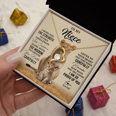 Forever Love Necklace 18K Yellow Gold Finish | 2 | Personalized To My Niece Necklace From Aunt Uncle I Wish You The Strength Lion Niece Birthday Jewelry Graduation Christmas Customized Gift Box Message Card | siriusteestore