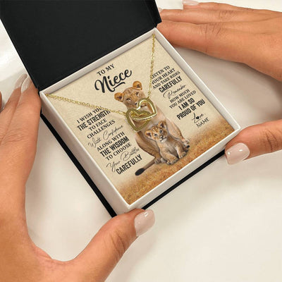 Interlocking Hearts Necklace 18K Yellow Gold Finish | 2 | Personalized To My Niece Necklace From Aunt Uncle I Wish You The Strength Lion Niece Birthday Jewelry Graduation Christmas Customized Gift Box Message Card | siriusteestore