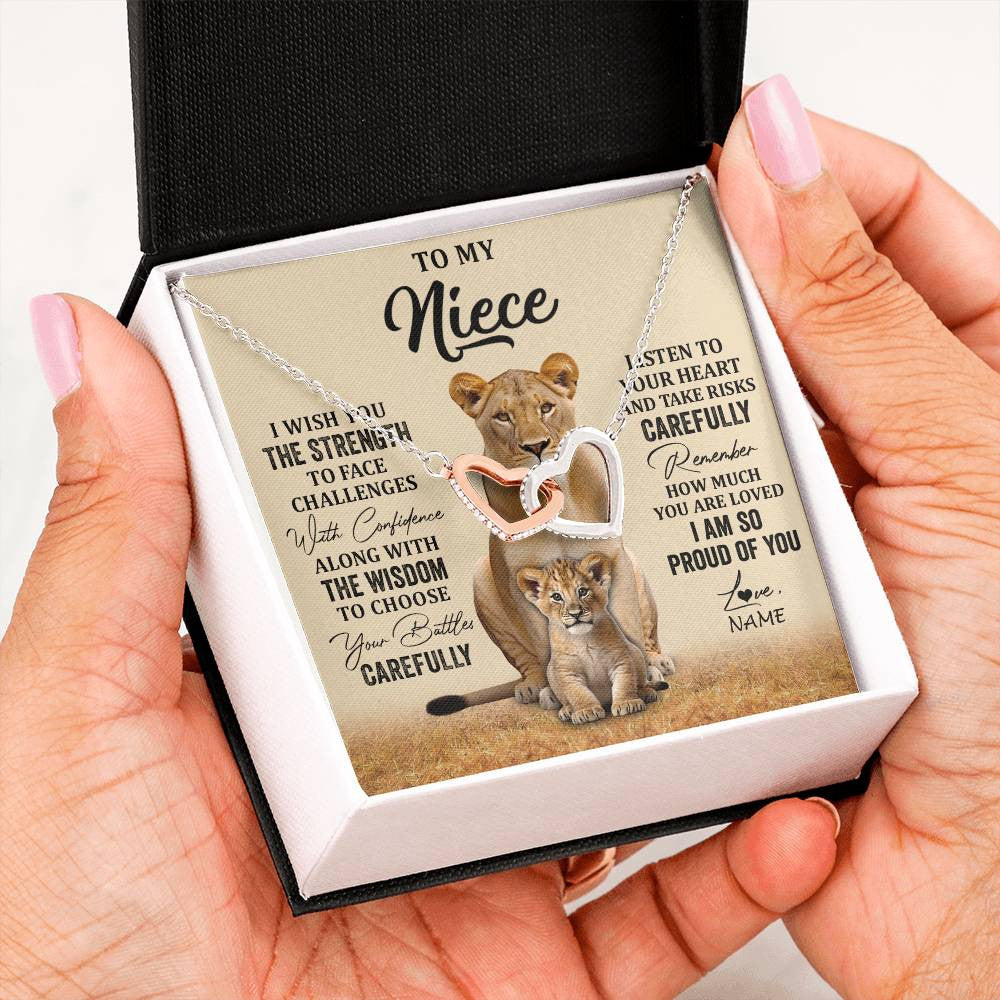 Interlocking Hearts Necklace Stainless Steel & Rose Gold Finish | 2 | Personalized To My Niece Necklace From Aunt Uncle I Wish You The Strength Lion Niece Birthday Jewelry Graduation Christmas Customized Gift Box Message Card | siriusteestore