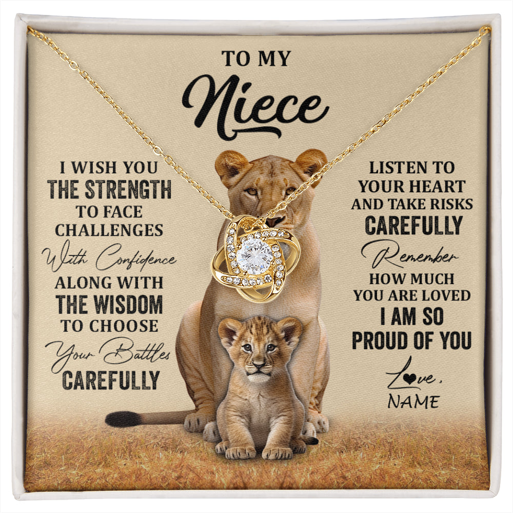 Love Knot Necklace 18K Yellow Gold Finish | 1 | Personalized To My Niece Necklace From Aunt Uncle I Wish You The Strength Lion Niece Birthday Jewelry Graduation Christmas Customized Gift Box Message Card | siriusteestore