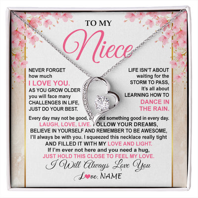Forever Love Necklace 14K White Gold Finish | 1 | Personalized To My Niece Necklace From Aunt Uncle Inspirational I Love You Niece Birthday Valentines Day Graduation Christmas Customized Gift Box Message Card | siriusteestore