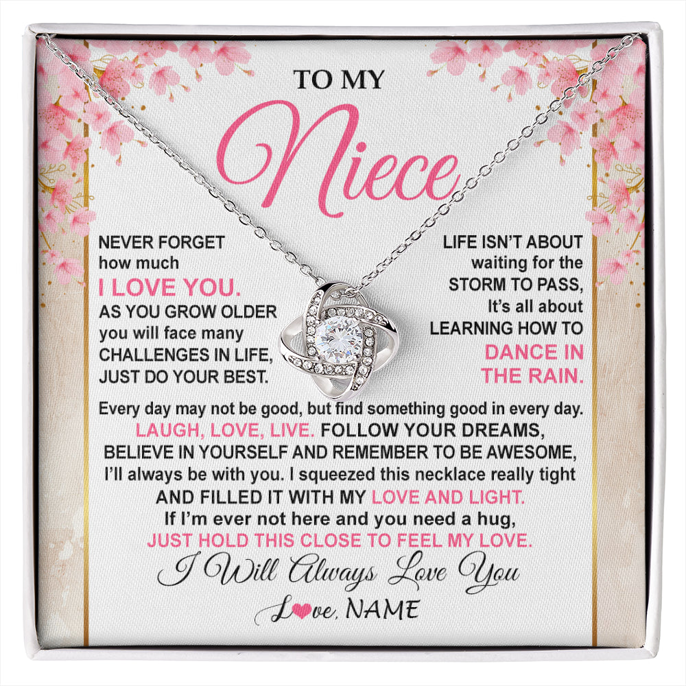 Love Knot Necklace 14K White Gold Finish | 1 | Personalized To My Niece Necklace From Aunt Uncle Inspirational I Love You Niece Birthday Valentines Day Graduation Christmas Customized Gift Box Message Card | siriusteestore