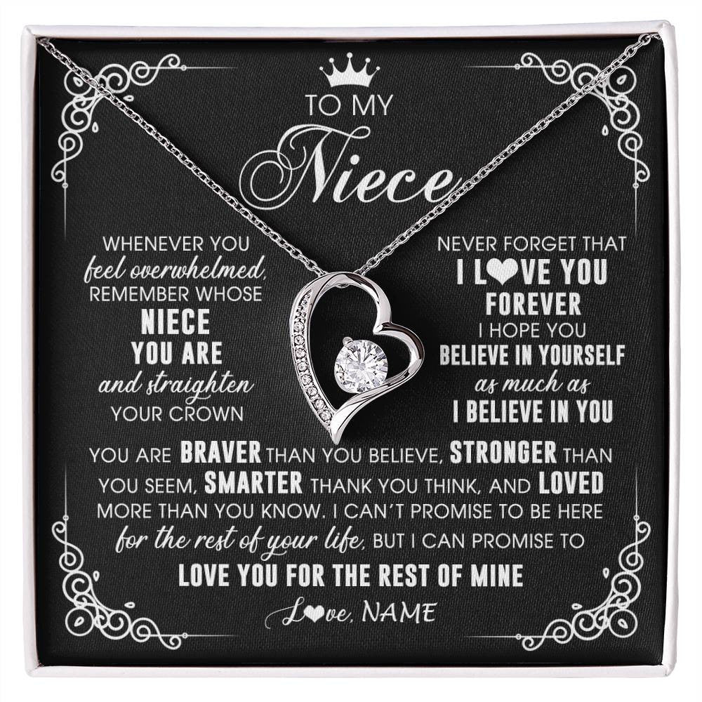 Forever Love Necklace 14K White Gold Finish | 1 | Personalized To My Niece Necklace From Aunt Uncle Inspirational Strength Niece Birthday Jewelry Graduation Christmas Customized Gift Box Message Card | siriusteestore