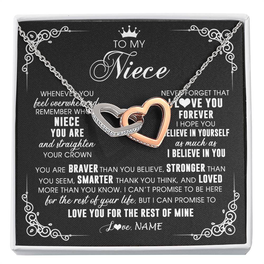 Interlocking Hearts Necklace Stainless Steel & Rose Gold Finish | 1 | Personalized To My Niece Necklace From Aunt Uncle Inspirational Strength Niece Birthday Jewelry Graduation Christmas Customized Gift Box Message Card | siriusteestore