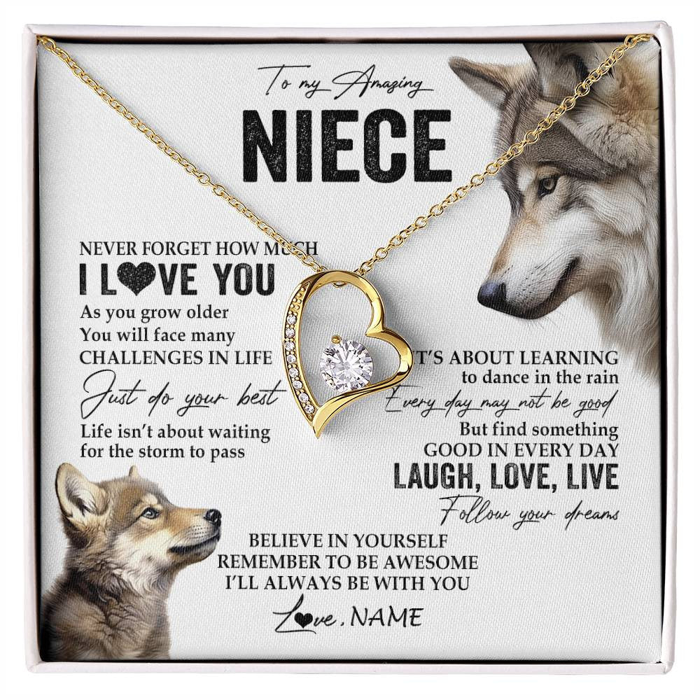 Forever Love Necklace 18K Yellow Gold Finish | 1 | Personalized To My Niece Necklace From Aunt Uncle Just Do You Best Laugh Love Live Wolf Niece Birthday Graduation Christmas Customized Gift Box Message Card | siriusteestore