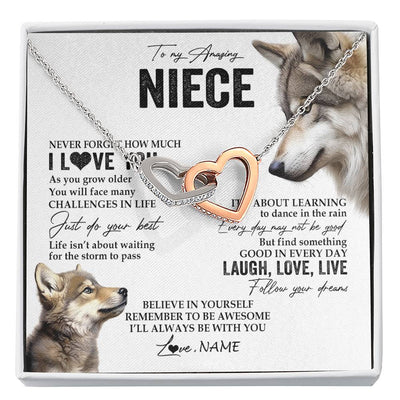 Interlocking Hearts Necklace Stainless Steel & Rose Gold Finish | 1 | Personalized To My Niece Necklace From Aunt Uncle Just Do You Best Laugh Love Live Wolf Niece Birthday Graduation Christmas Customized Gift Box Message Card | siriusteestore