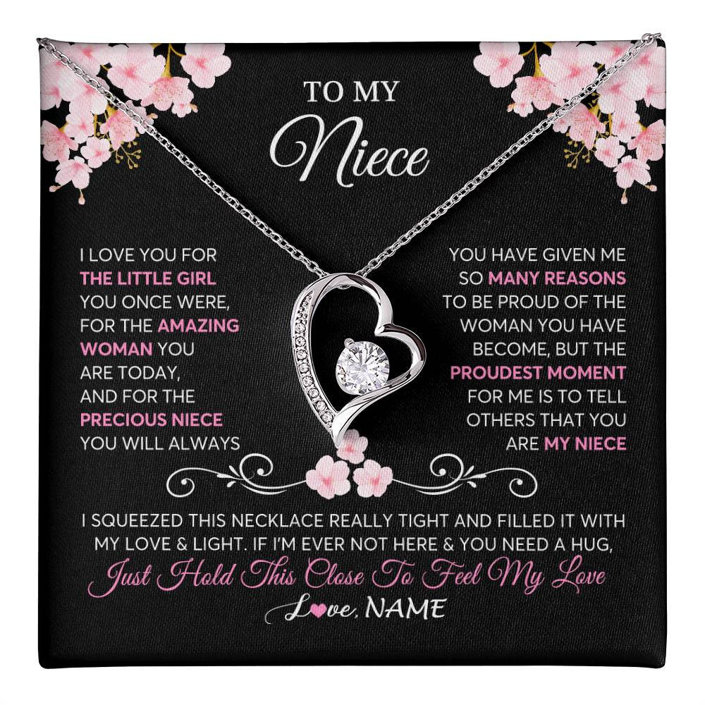 Forever Love Necklace 14K White Gold Finish | 1 | Personalized To My Niece Necklace From Aunt Uncle Love You Little Girl Niece Jewelry Birthday Jewelry Graduation Christmas Customized Gift Box Message Card | siriusteestore