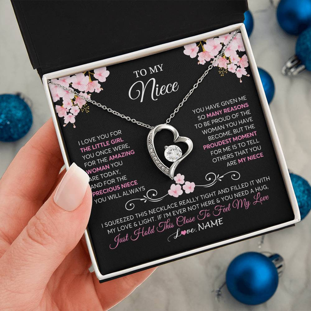 Forever Love Necklace 14K White Gold Finish | 2 | Personalized To My Niece Necklace From Aunt Uncle Love You Little Girl Niece Jewelry Birthday Jewelry Graduation Christmas Customized Gift Box Message Card | siriusteestore
