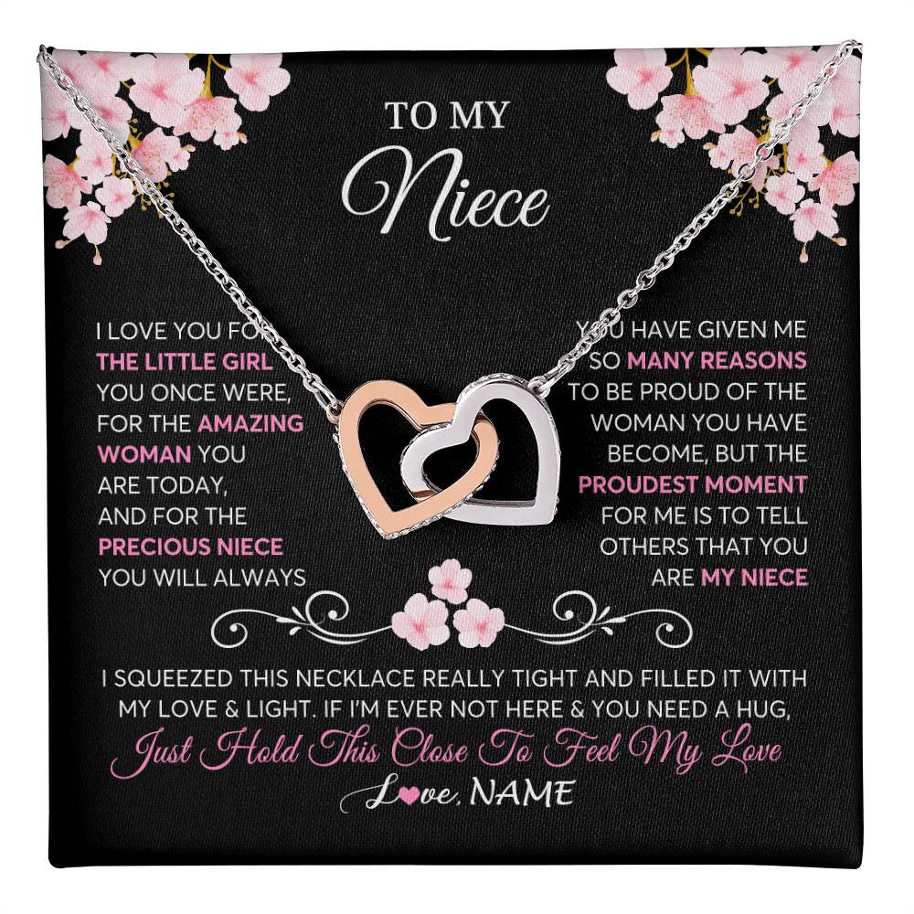 Interlocking Hearts Necklace Stainless Steel & Rose Gold Finish | 1 | Personalized To My Niece Necklace From Aunt Uncle Love You Little Girl Niece Jewelry Birthday Jewelry Graduation Christmas Customized Gift Box Message Card | siriusteestore