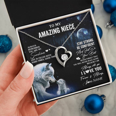 Forever Love Necklace 14K White Gold Finish | 2 | Personalized To My Niece Necklace From Aunt Uncle Moon Wolf Niece Birthday Gifts Jewelry Graduation Christmas Customized Gift Box Message Card | siriusteestore