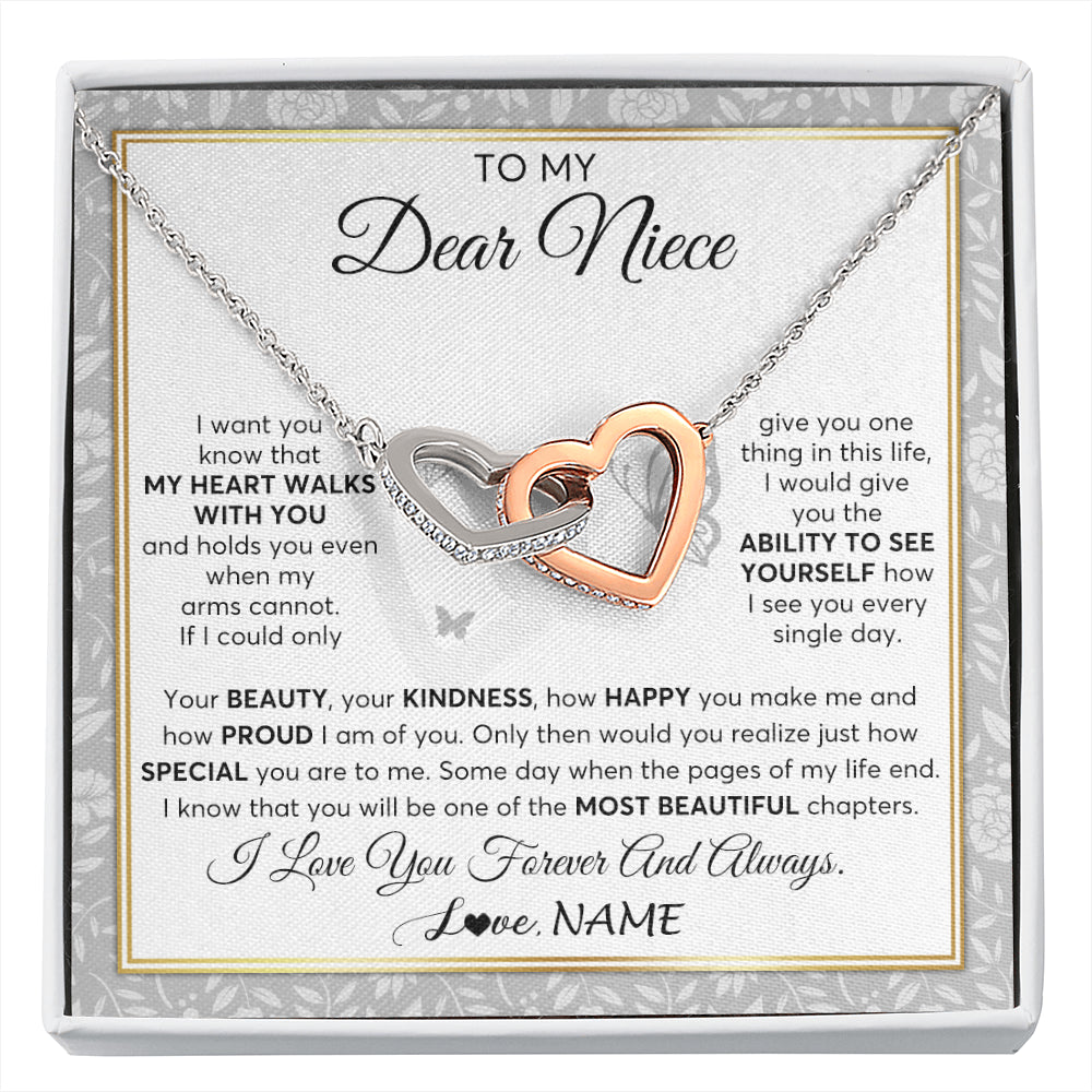 Interlocking Hearts Necklace Stainless Steel & Rose Gold Finish | 1 | Personalized To My Niece Necklace From Aunt Uncle My Heart Walks With You Niece Birthday Gifts Jewelry Graduation Christmas Customized Gift Box Message Card | siriusteestore