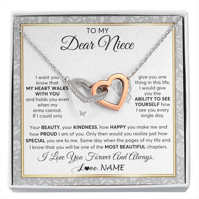 Interlocking Hearts Necklace Stainless Steel & Rose Gold Finish | 1 | Personalized To My Niece Necklace From Aunt Uncle My Heart Walks With You Niece Birthday Gifts Jewelry Graduation Christmas Customized Gift Box Message Card | siriusteestore