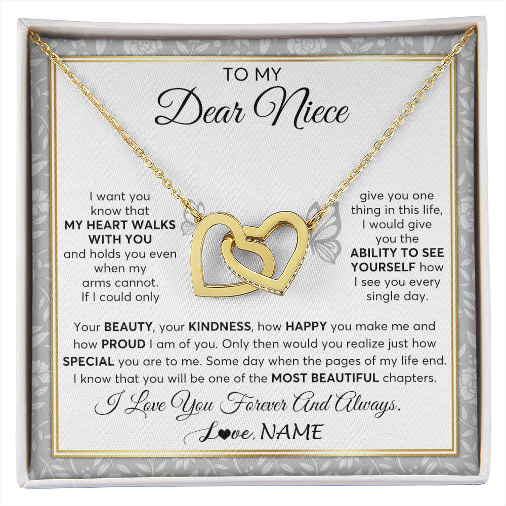 Interlocking Hearts Necklace 18K Yellow Gold Finish | 1 | Personalized To My Niece Necklace From Aunt Uncle My Heart Walks With You Niece Birthday Gifts Jewelry Graduation Christmas Customized Gift Box Message Card | siriusteestore