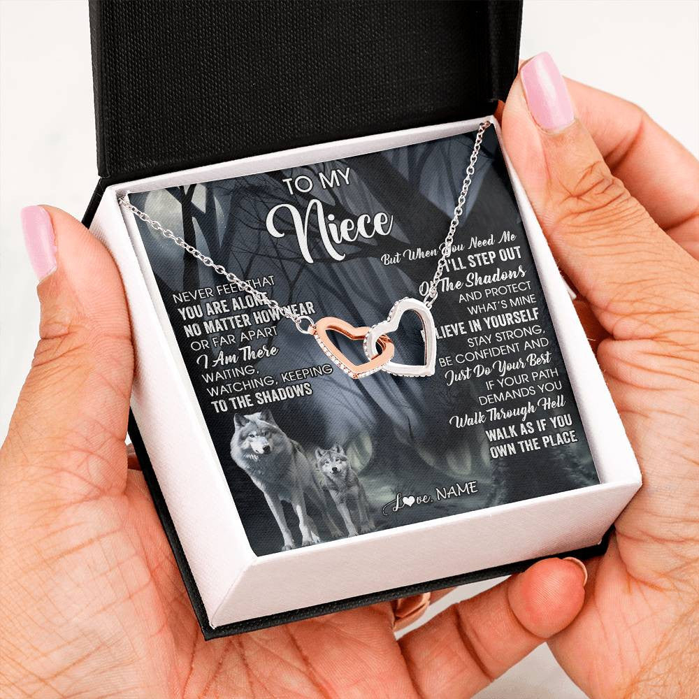 Interlocking Hearts Necklace Stainless Steel & Rose Gold Finish | 2 | Personalized To My Niece Necklace From Aunt Uncle Never Feel That You Are Alone Wolf Niece Birthday Gifts Jewelry Christmas Customized Gift Box Message Card | siriusteestore