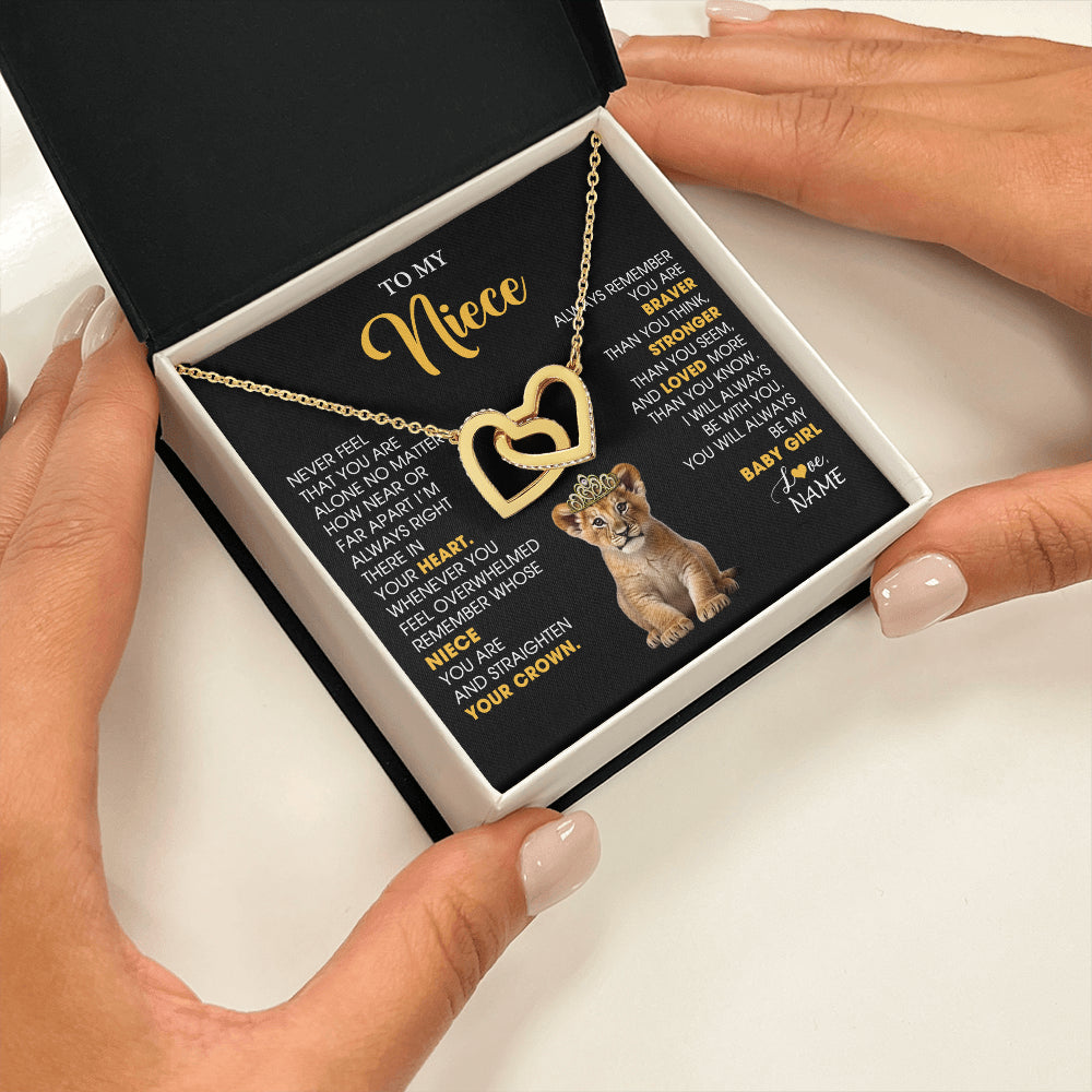 Interlocking Hearts Necklace 18K Yellow Gold Finish | 2 | Personalized To My Niece Necklace From Aunt Uncle Never Feel You Are Alone Lion Birthday Gift Niece Anniversary Christmas Customized Gift Box Message Card | siriusteestore