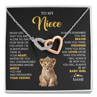 Interlocking Hearts Necklace Stainless Steel & Rose Gold Finish | 1 | Personalized To My Niece Necklace From Aunt Uncle Never Feel You Are Alone Lion Birthday Gift Niece Anniversary Christmas Customized Gift Box Message Card | siriusteestore