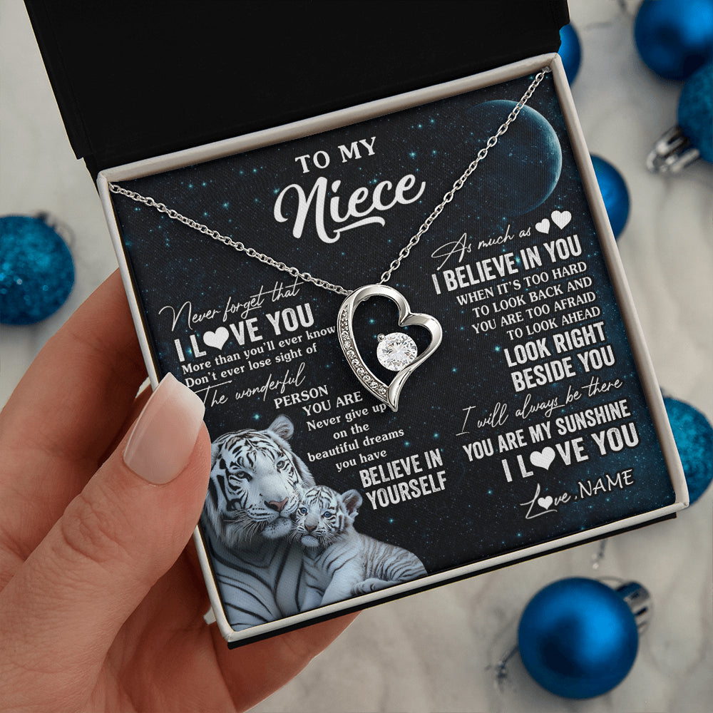 Forever Love Necklace 14K White Gold Finish | 2 | Personalized To My Niece Necklace From Aunt Uncle Never Forget I Love You White Tiger Niece Birthday Graduation Christmas Customized Gift Box Message Card | siriusteestore