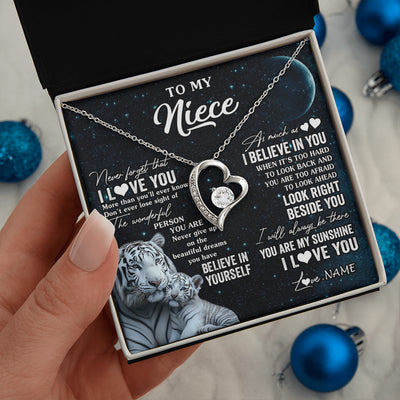 Forever Love Necklace 14K White Gold Finish | 2 | Personalized To My Niece Necklace From Aunt Uncle Never Forget I Love You White Tiger Niece Birthday Graduation Christmas Customized Gift Box Message Card | siriusteestore