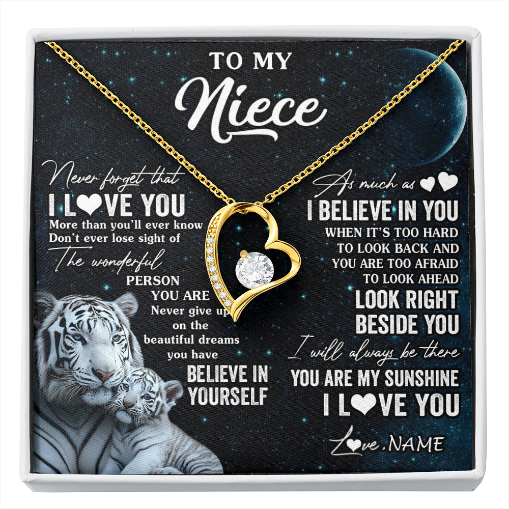 Forever Love Necklace 18K Yellow Gold Finish | 1 | Personalized To My Niece Necklace From Aunt Uncle Never Forget I Love You White Tiger Niece Birthday Graduation Christmas Customized Gift Box Message Card | siriusteestore