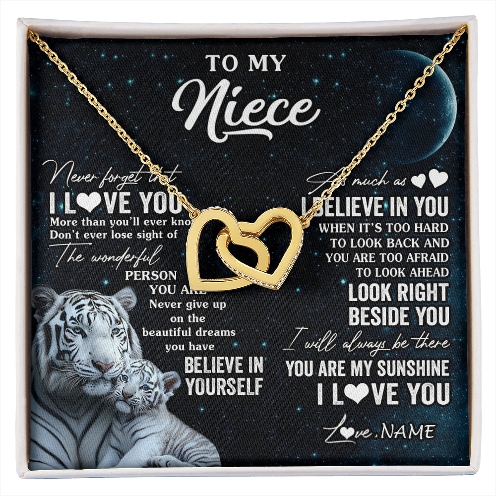 Interlocking Hearts Necklace 18K Yellow Gold Finish | 1 | Personalized To My Niece Necklace From Aunt Uncle Never Forget I Love You White Tiger Niece Birthday Graduation Christmas Customized Gift Box Message Card | siriusteestore