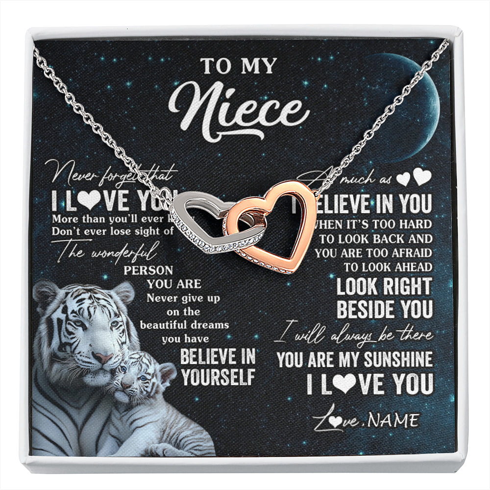 Interlocking Hearts Necklace Stainless Steel & Rose Gold Finish | 1 | Personalized To My Niece Necklace From Aunt Uncle Never Forget I Love You White Tiger Niece Birthday Graduation Christmas Customized Gift Box Message Card | siriusteestore