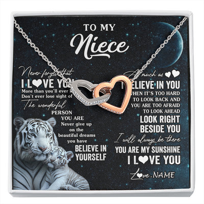 Interlocking Hearts Necklace Stainless Steel & Rose Gold Finish | 1 | Personalized To My Niece Necklace From Aunt Uncle Never Forget I Love You White Tiger Niece Birthday Graduation Christmas Customized Gift Box Message Card | siriusteestore