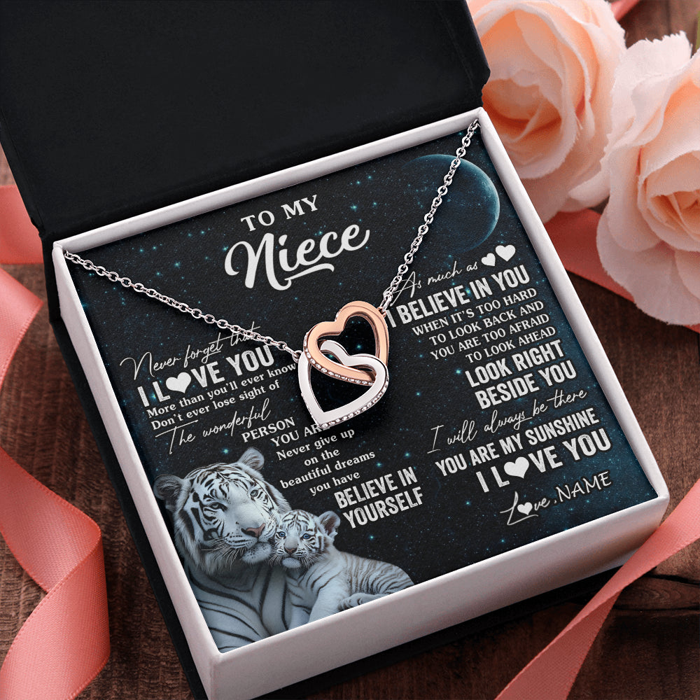 Interlocking Hearts Necklace Stainless Steel & Rose Gold Finish | 2 | Personalized To My Niece Necklace From Aunt Uncle Never Forget I Love You White Tiger Niece Birthday Graduation Christmas Customized Gift Box Message Card | siriusteestore