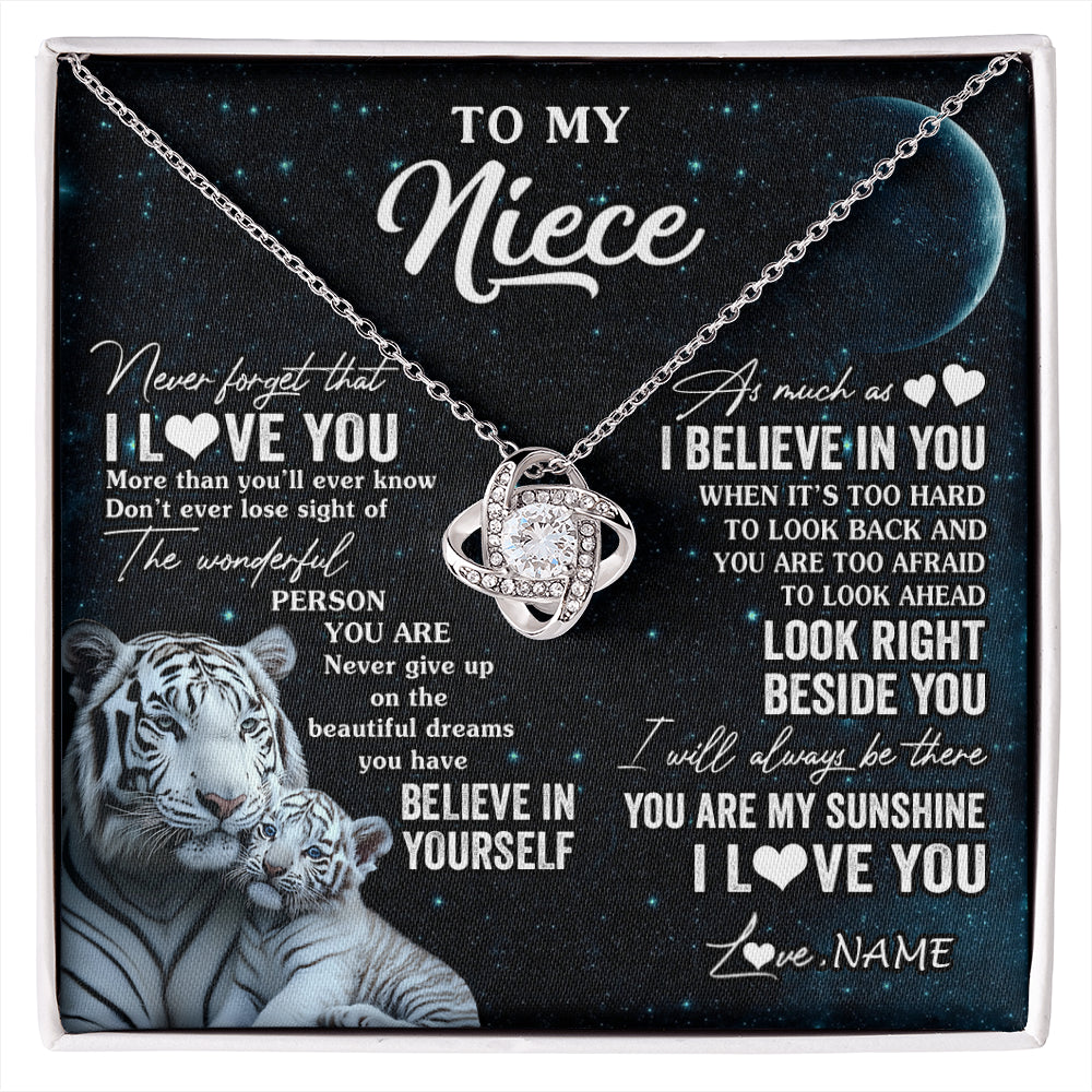 Love Knot Necklace 14K White Gold Finish | 1 | Personalized To My Niece Necklace From Aunt Uncle Never Forget I Love You White Tiger Niece Birthday Graduation Christmas Customized Gift Box Message Card | siriusteestore
