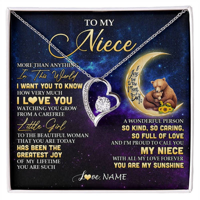 Forever Love Necklace 14K White Gold Finish | 1 | Personalized To My Niece Necklace From Aunt Uncle Positive Energy Encourage Brave Little Bear Niece Birthday Gifts Christmas Customized Gift Box Message Card | siriusteestore