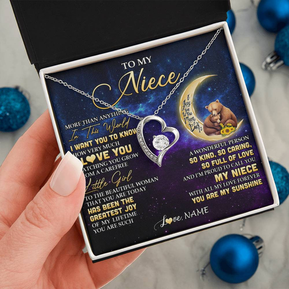 Forever Love Necklace 14K White Gold Finish | 2 | Personalized To My Niece Necklace From Aunt Uncle Positive Energy Encourage Brave Little Bear Niece Birthday Gifts Christmas Customized Gift Box Message Card | siriusteestore