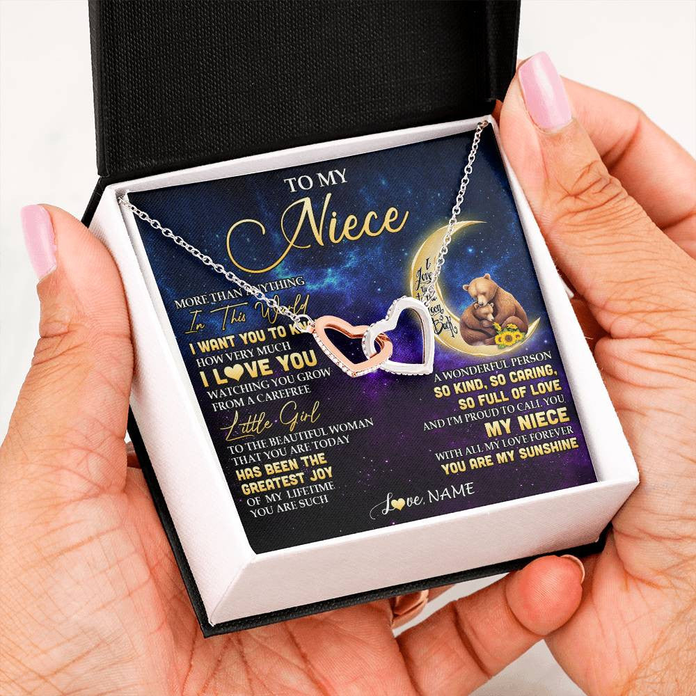 Interlocking Hearts Necklace Stainless Steel & Rose Gold Finish | 2 | Personalized To My Niece Necklace From Aunt Uncle Positive Energy Encourage Brave Little Bear Niece Birthday Gifts Christmas Customized Gift Box Message Card | siriusteestore