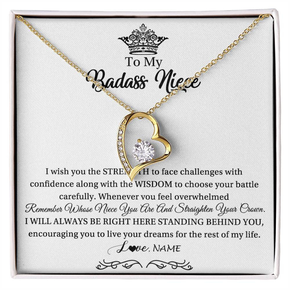 Forever Love Necklace 18K Yellow Gold Finish | Personalized To My Niece Necklace From Aunt Uncle Straighten Your Crown Niece Pendant Jewelry Birthday Graduation Christmas Customized Gift Box Message Card | siriusteestore
