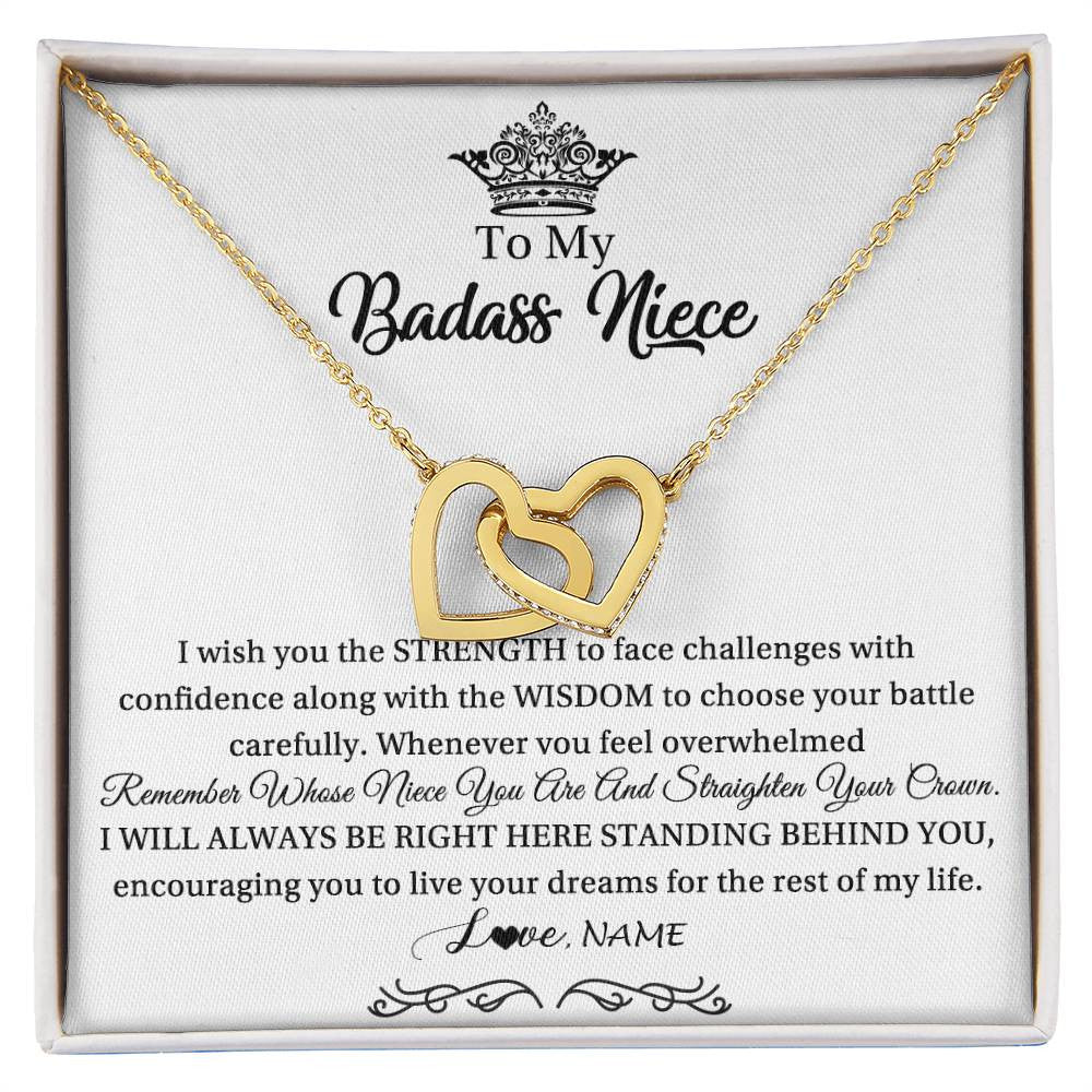 Interlocking Hearts Necklace 18K Yellow Gold Finish | Personalized To My Niece Necklace From Aunt Uncle Straighten Your Crown Niece Pendant Jewelry Birthday Graduation Christmas Customized Gift Box Message Card | siriusteestore