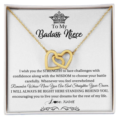 Interlocking Hearts Necklace 18K Yellow Gold Finish | Personalized To My Niece Necklace From Aunt Uncle Straighten Your Crown Niece Pendant Jewelry Birthday Graduation Christmas Customized Gift Box Message Card | siriusteestore