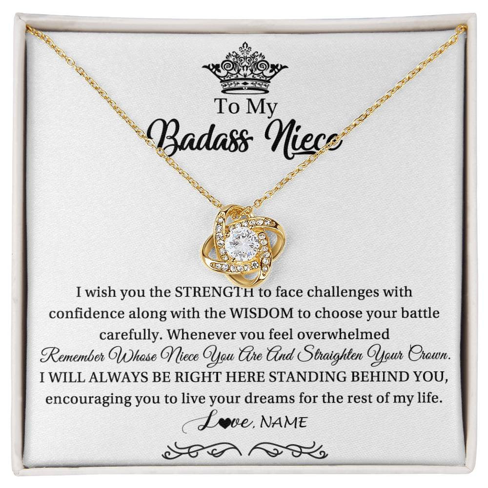 Love Knot Necklace 18K Yellow Gold Finish | Personalized To My Niece Necklace From Aunt Uncle Straighten Your Crown Niece Pendant Jewelry Birthday Graduation Christmas Customized Gift Box Message Card | siriusteestore