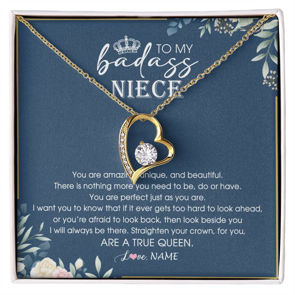 Forever Love Necklace 18K Yellow Gold Finish | 1 | Personalized To My Niece Necklace From Aunt Uncle Straighten Your Crown Niece Queen Jewelry Birthday Graduation Christmas Customized Gift Box Message Card | siriusteestore