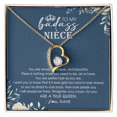 Forever Love Necklace 18K Yellow Gold Finish | 1 | Personalized To My Niece Necklace From Aunt Uncle Straighten Your Crown Niece Queen Jewelry Birthday Graduation Christmas Customized Gift Box Message Card | siriusteestore