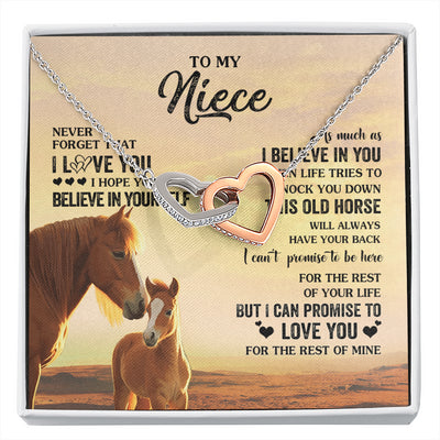 Interlocking Hearts Necklace Stainless Steel & Rose Gold Finish | 1 | Personalized To My Niece Necklace From Aunt Uncle This Old Horse Love You Niece Birthday Gifts Jewelry Graduation Christmas Customized Gift Box Message Card | siriusteestore