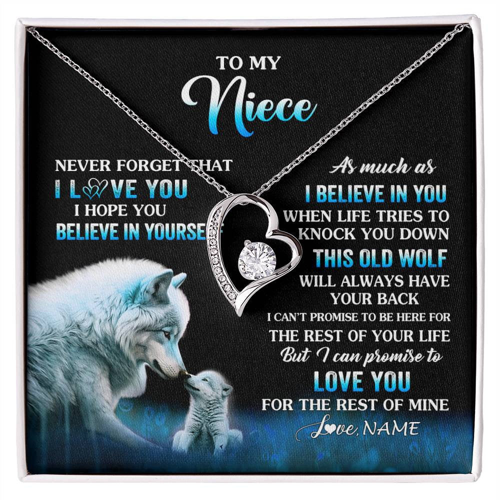 Forever Love Necklace 14K White Gold Finish | 1 | Personalized To My Niece Necklace From Aunt Uncle This Old Wolf Love Niece Birthday Gifts Jewelry Graduation Christmas Customized Gift Box Message Card | siriusteestore