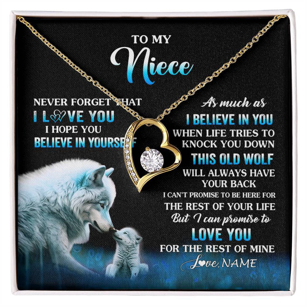Forever Love Necklace 18K Yellow Gold Finish | 1 | Personalized To My Niece Necklace From Aunt Uncle This Old Wolf Love Niece Birthday Gifts Jewelry Graduation Christmas Customized Gift Box Message Card | siriusteestore