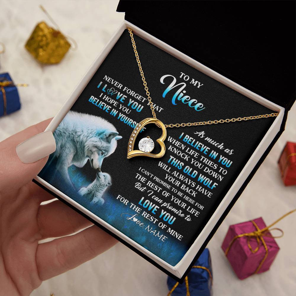Forever Love Necklace 18K Yellow Gold Finish | 2 | Personalized To My Niece Necklace From Aunt Uncle This Old Wolf Love Niece Birthday Gifts Jewelry Graduation Christmas Customized Gift Box Message Card | siriusteestore