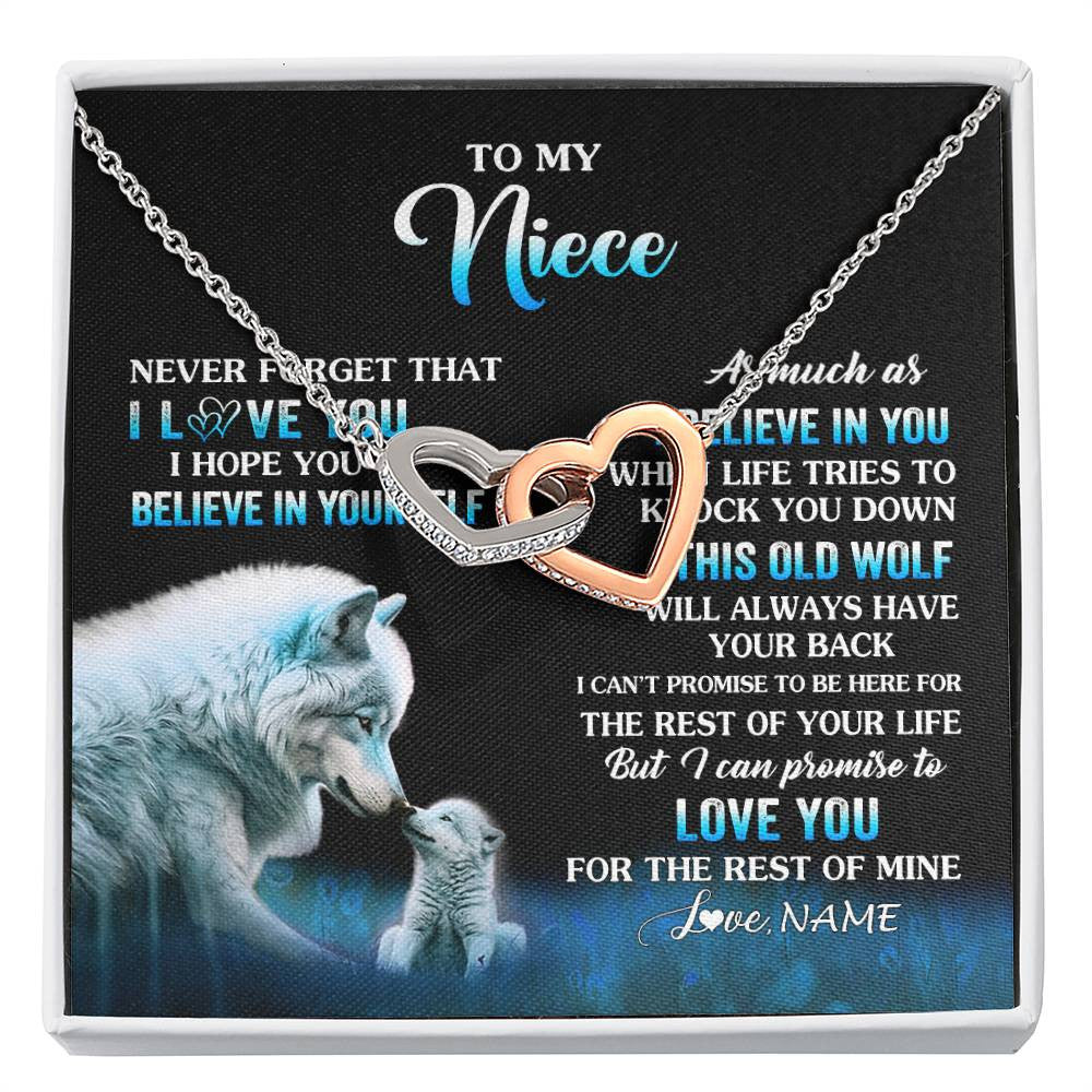Interlocking Hearts Necklace Stainless Steel & Rose Gold Finish | 1 | Personalized To My Niece Necklace From Aunt Uncle This Old Wolf Love Niece Birthday Gifts Jewelry Graduation Christmas Customized Gift Box Message Card | siriusteestore
