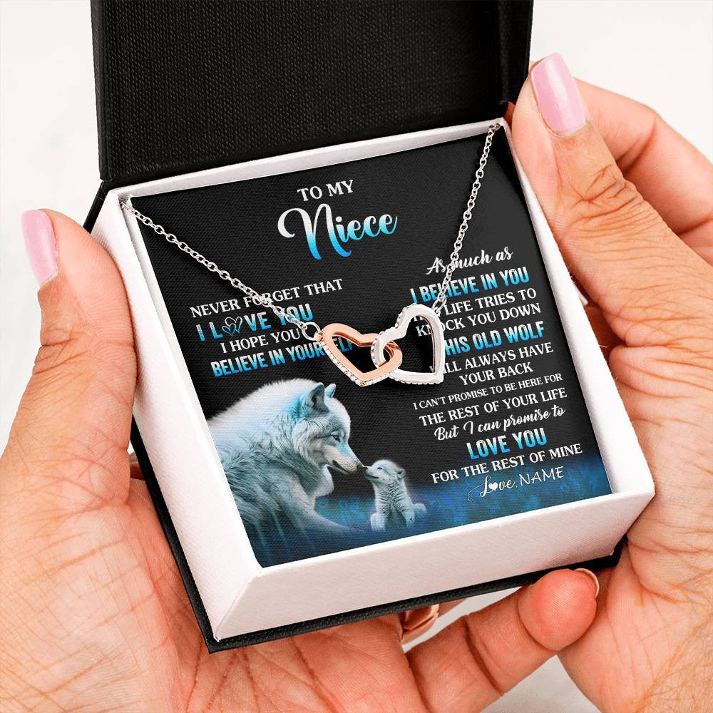 Interlocking Hearts Necklace Stainless Steel & Rose Gold Finish | 2 | Personalized To My Niece Necklace From Aunt Uncle This Old Wolf Love Niece Birthday Gifts Jewelry Graduation Christmas Customized Gift Box Message Card | siriusteestore