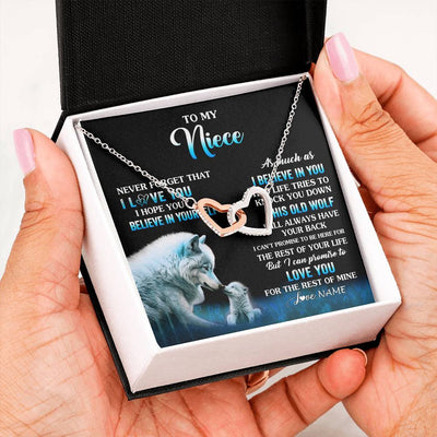 Interlocking Hearts Necklace Stainless Steel & Rose Gold Finish | 2 | Personalized To My Niece Necklace From Aunt Uncle This Old Wolf Love Niece Birthday Gifts Jewelry Graduation Christmas Customized Gift Box Message Card | siriusteestore