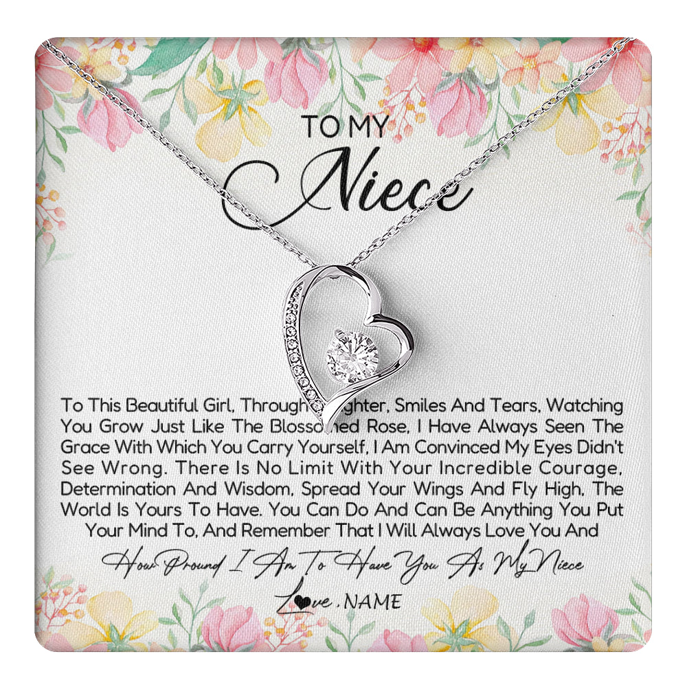 Forever Love Necklace 14K White Gold Finish | 1 | Personalized To My Niece Necklace From Aunt Uncle To This Beautiful Niece Pendant Jewelry Birthday Graduation Christmas Customized Gift Box Message Card | siriusteestore