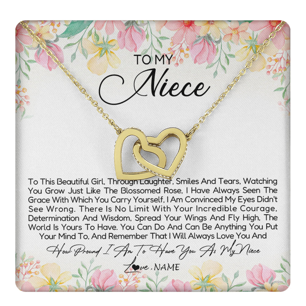 Interlocking Hearts Necklace 18K Yellow Gold Finish | 1 | Personalized To My Niece Necklace From Aunt Uncle To This Beautiful Niece Pendant Jewelry Birthday Graduation Christmas Customized Gift Box Message Card | siriusteestore